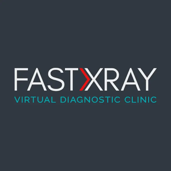 Thumbnail for medical brand FastXray showing the logo in white with a red arrow incorporated into the letter X on a navy background