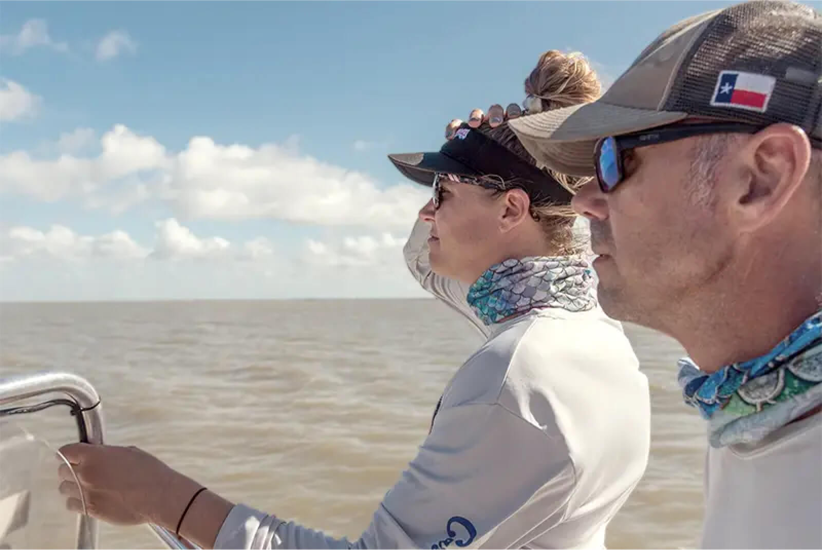 A photograph of the TX Saltwater Farm team on the water in the Texas gulf