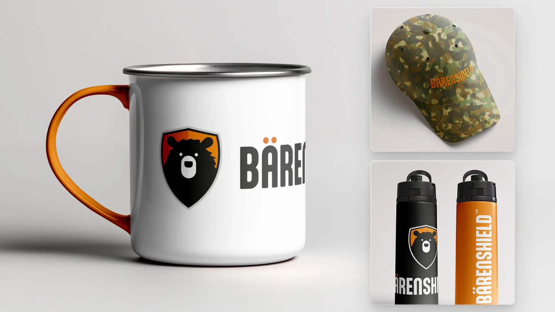 Promotional items for Bärenshield inclusing a white camping mug with the bear icon and wordmark, a khaki camo hat with the wordmark in orange and two water bottles with the wordmark