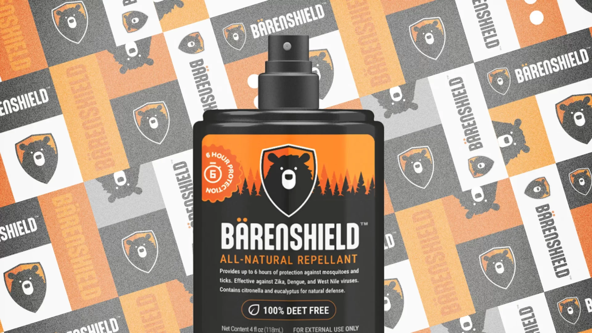 Graphic showing the label design for Bärenshield insect repellant on a spray bottle overlayed over a branded, pattern wallpaper