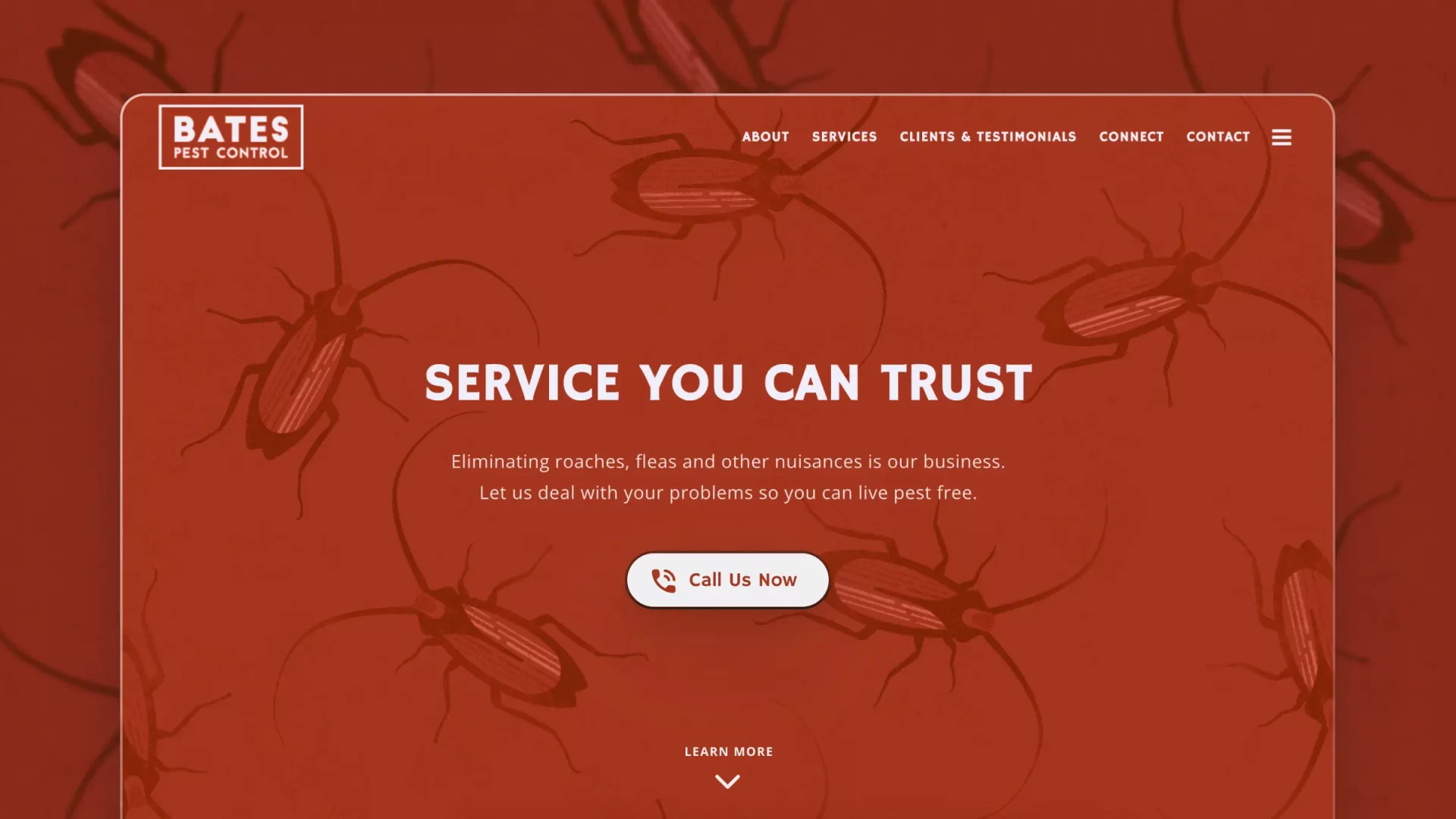 Website UI graphic showing desktop homepage hero of Bates Pest Control website, featuring illustrated cockroaches on clay red background