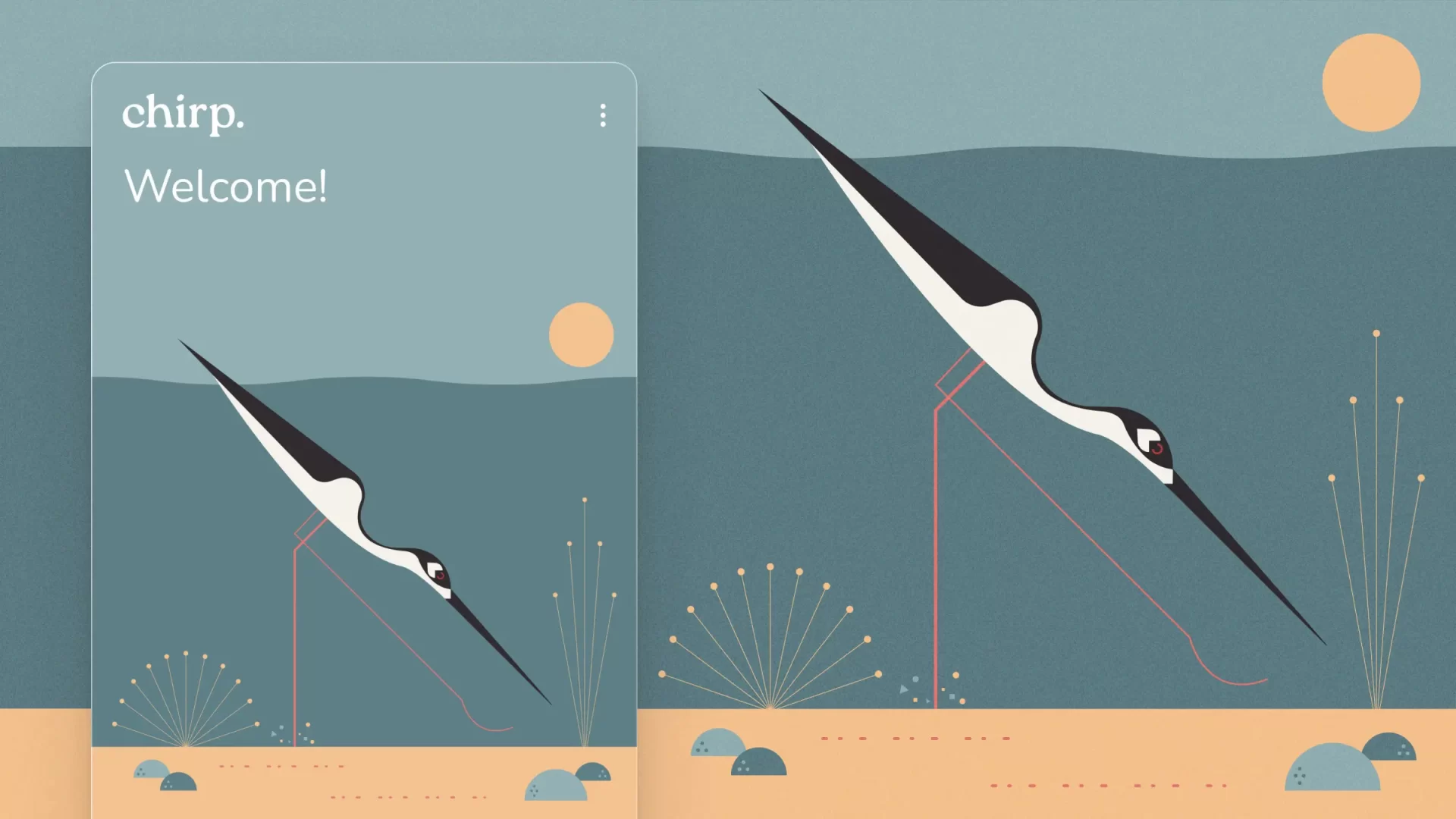 Illustrated Black Necked Stilt and mobile UI showing the Welcome Screen for Chirp app