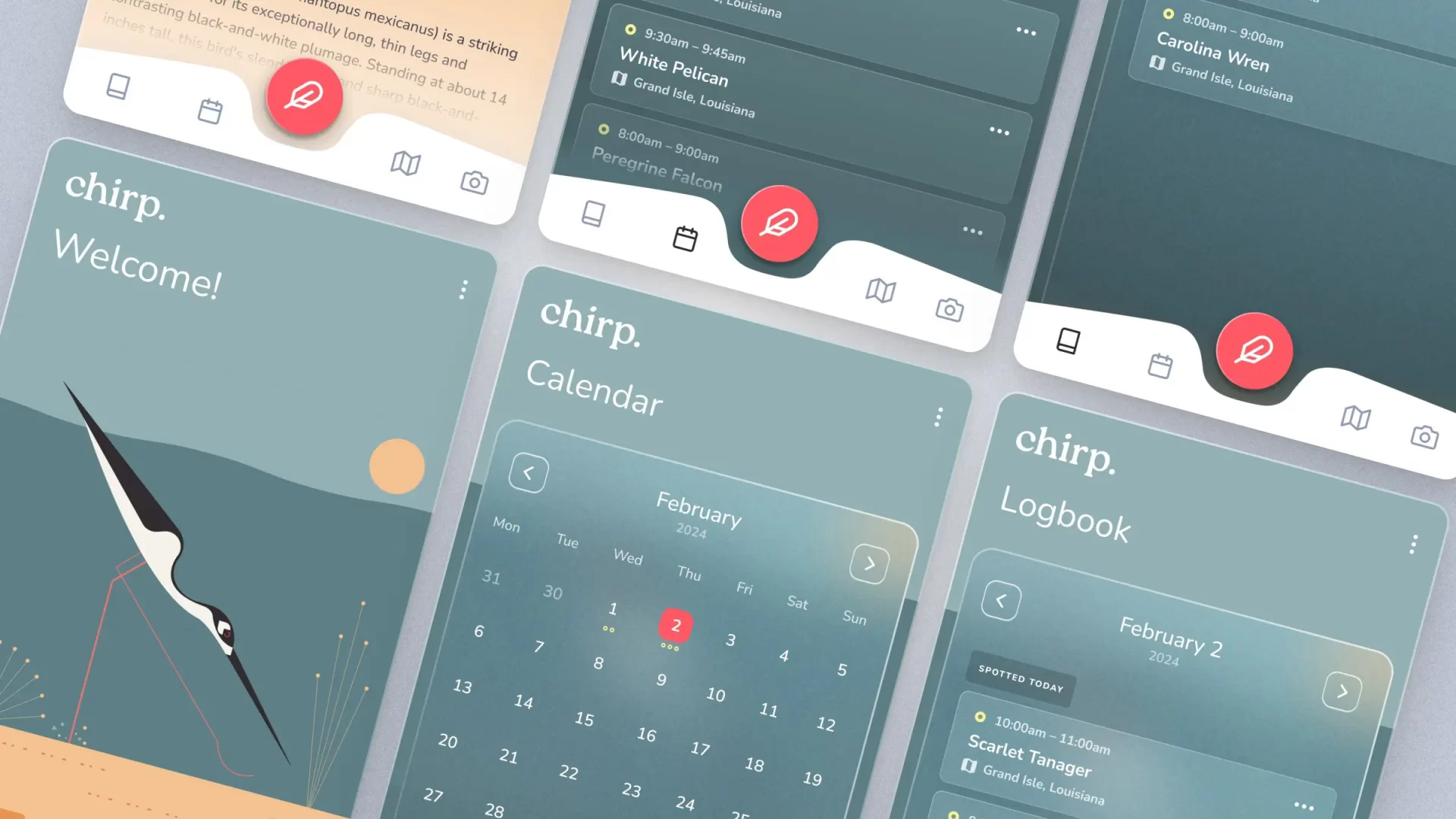 App mobile design for calendars and logbook interface on Chirp app, various screens examples at an oblique angle