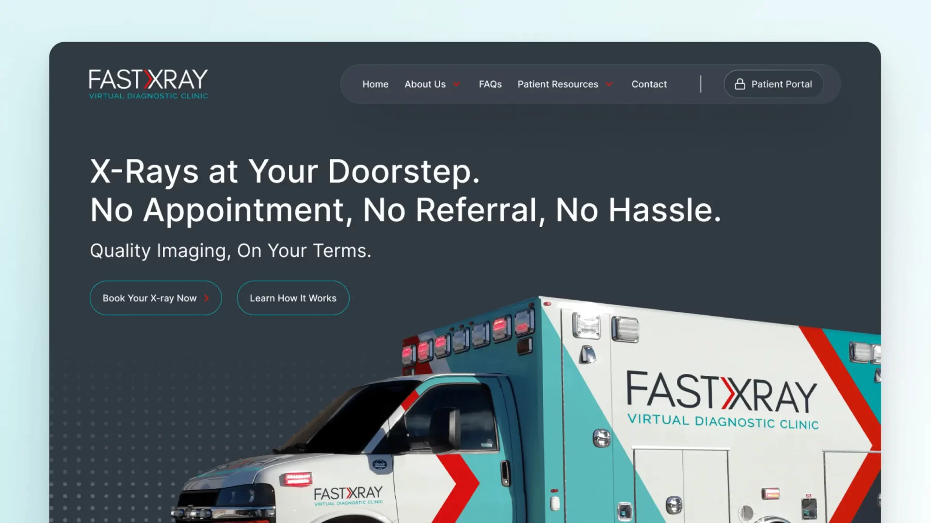 Screenshot of website UI for FastXray showing the homepage hero featuring a branded ambulance with turquoise, red, white and navy decals