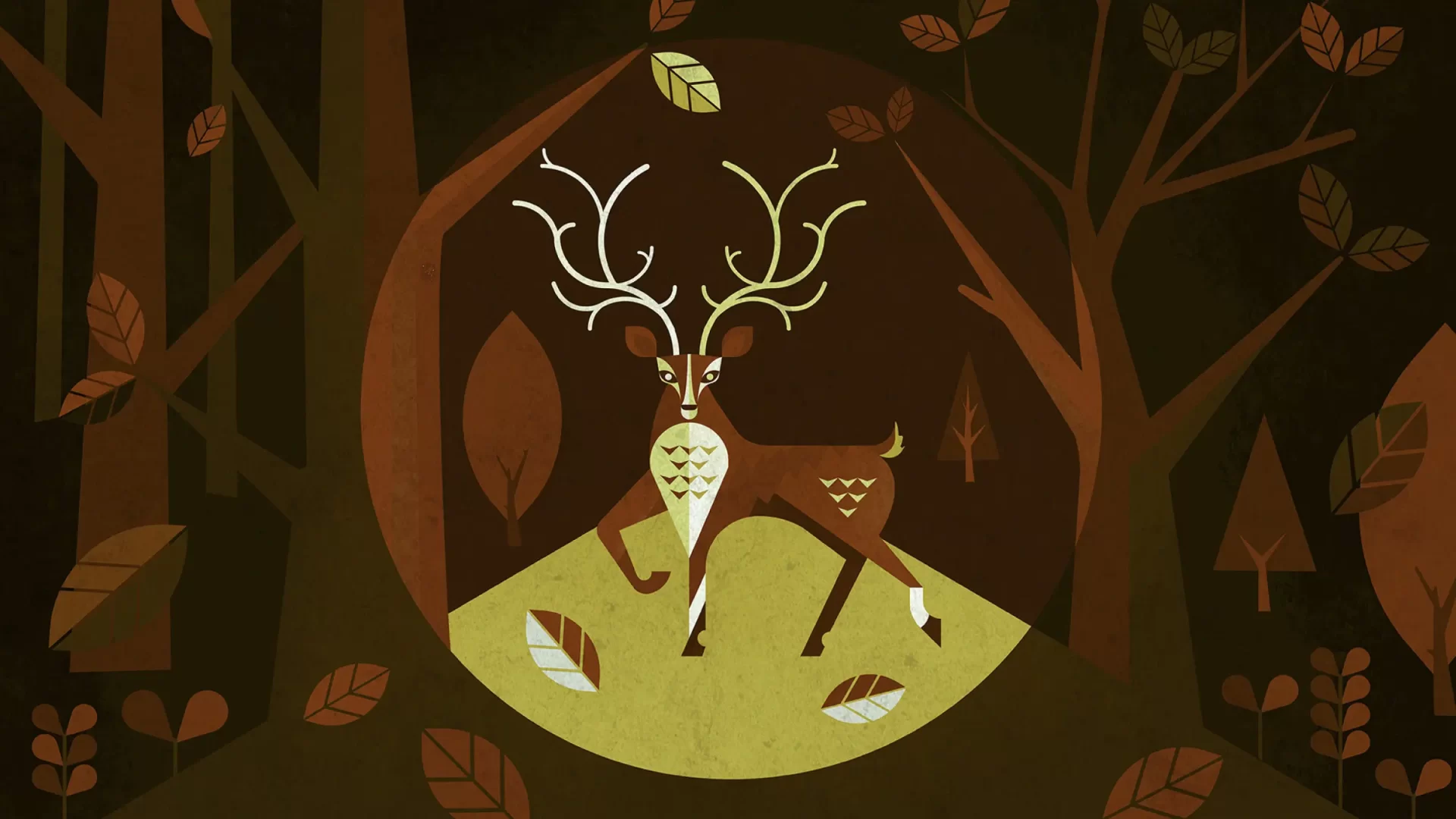 Illustration for Luminous Path Films showing a stylized deer in the headlights in a woodland scene