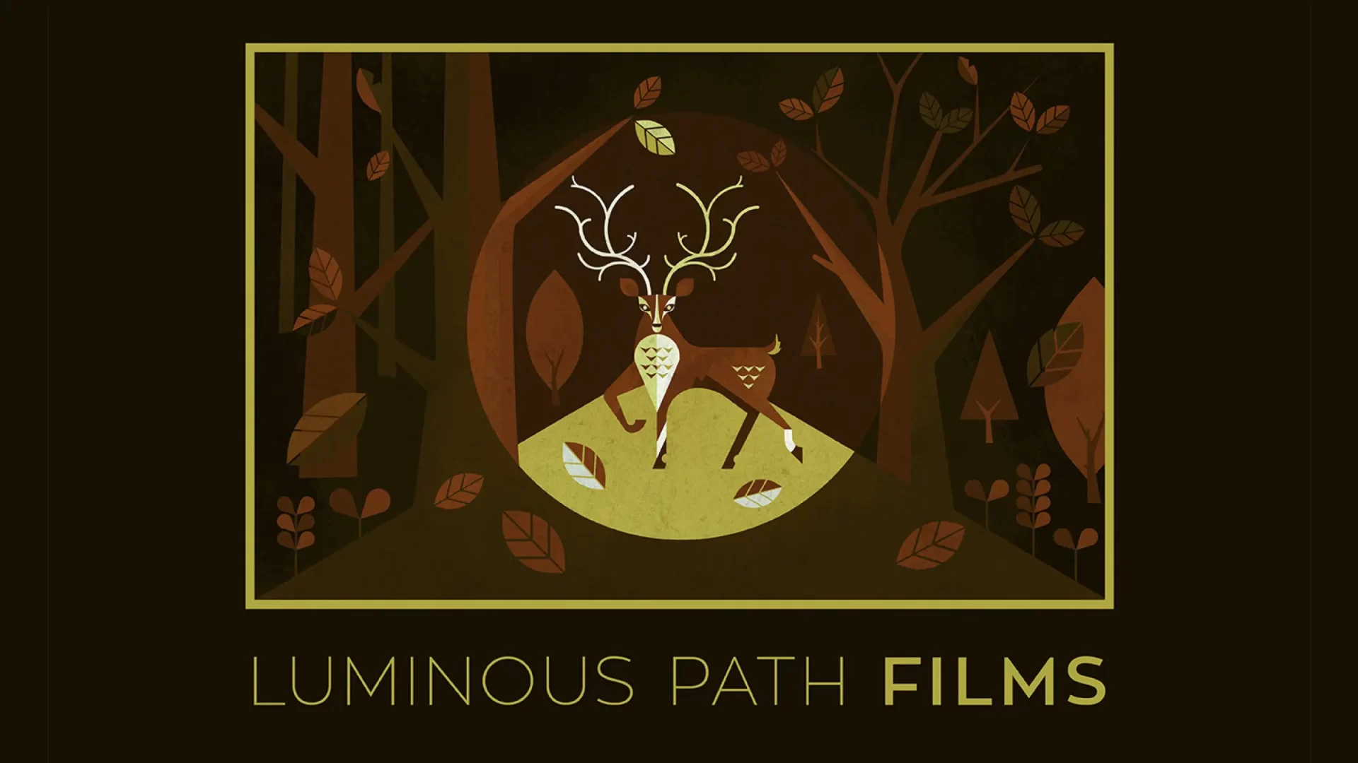 Studio ident design for Luminous Path films showing an illustration of a stylized deer in the headlights in a woodland scene, above the company name in yellow text