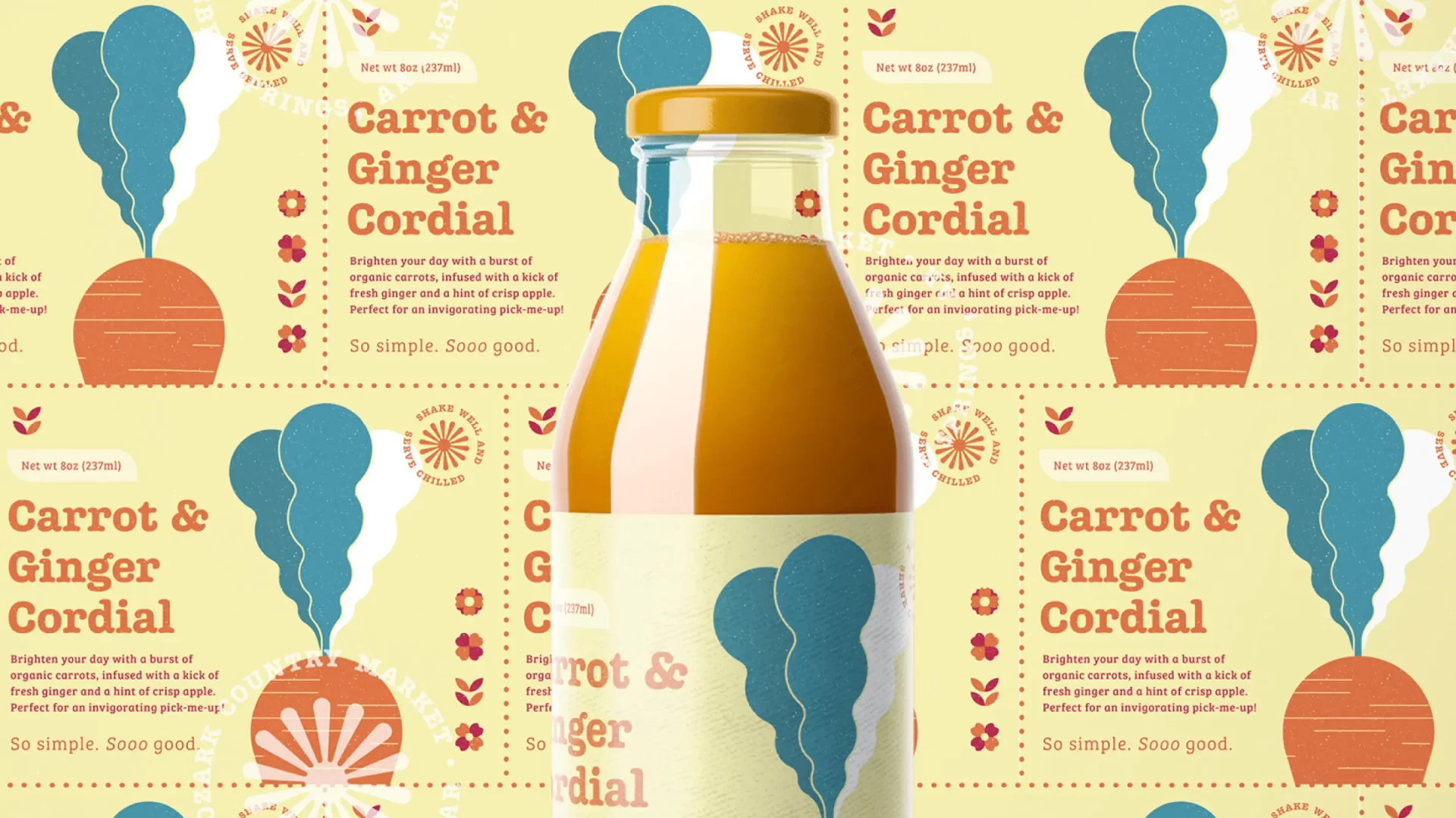 Graphic showcasing the label design and a bottle of carrot and ginger cordial with a stylized, vector illustration of a carrot for Ozark Country Market