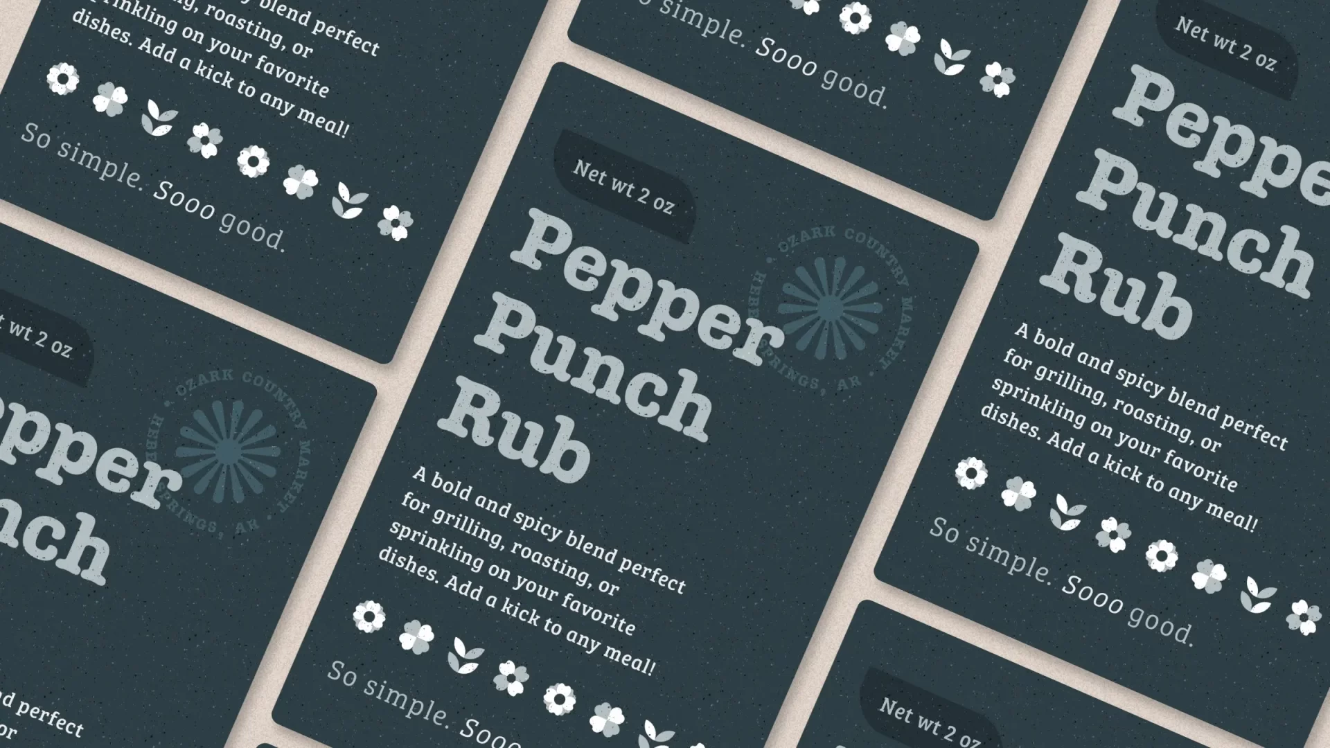 Typographic black and slate gray label design for a pepper rub for Ozark Country Market