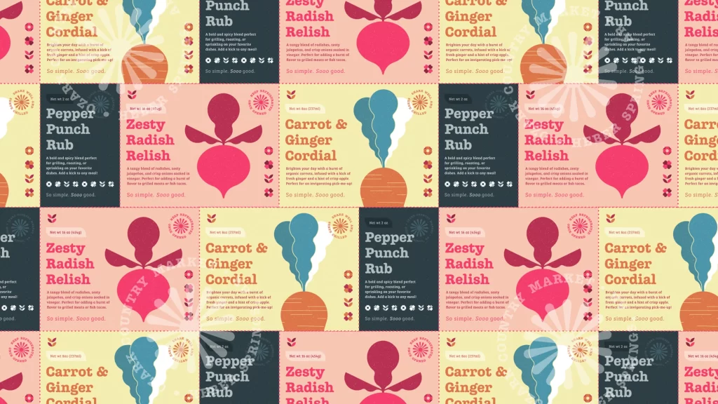 Patterned label designs for assorted products at Ozark Country Market featuring vibrant colors and stylized produce illustrations