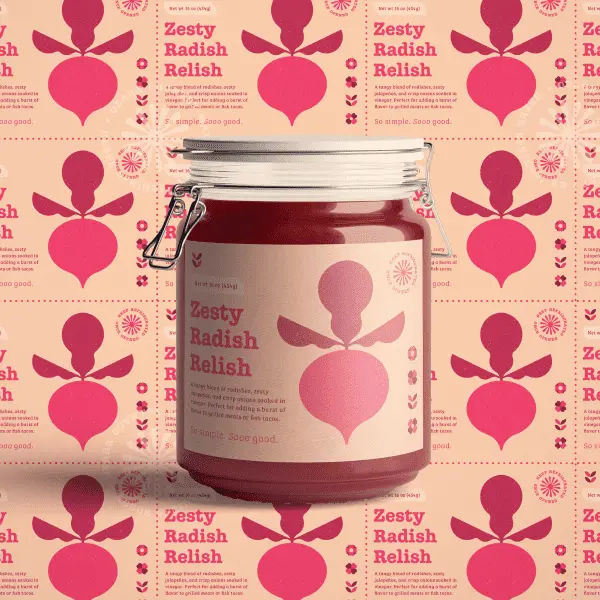 Thumbnail of a jar of radish relish showcasing the label design which features a stylized, vector of a radish in pink tones for Ozark Country Market