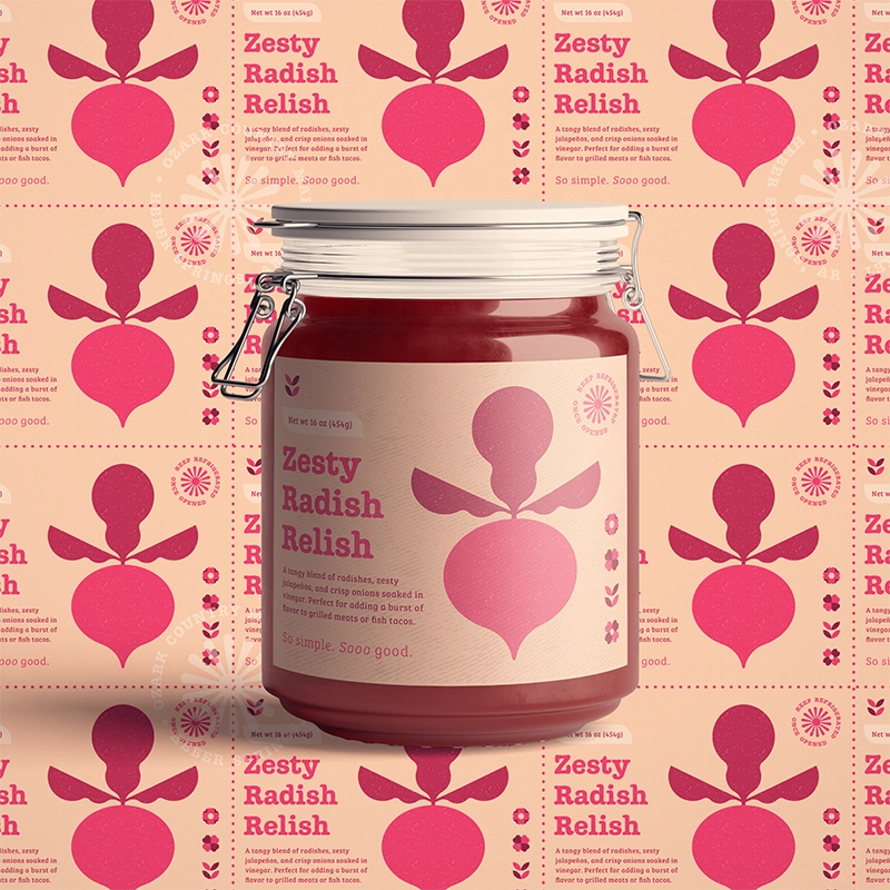 A colorful pink label design for a jar of radish relish for the Ozark Country Market