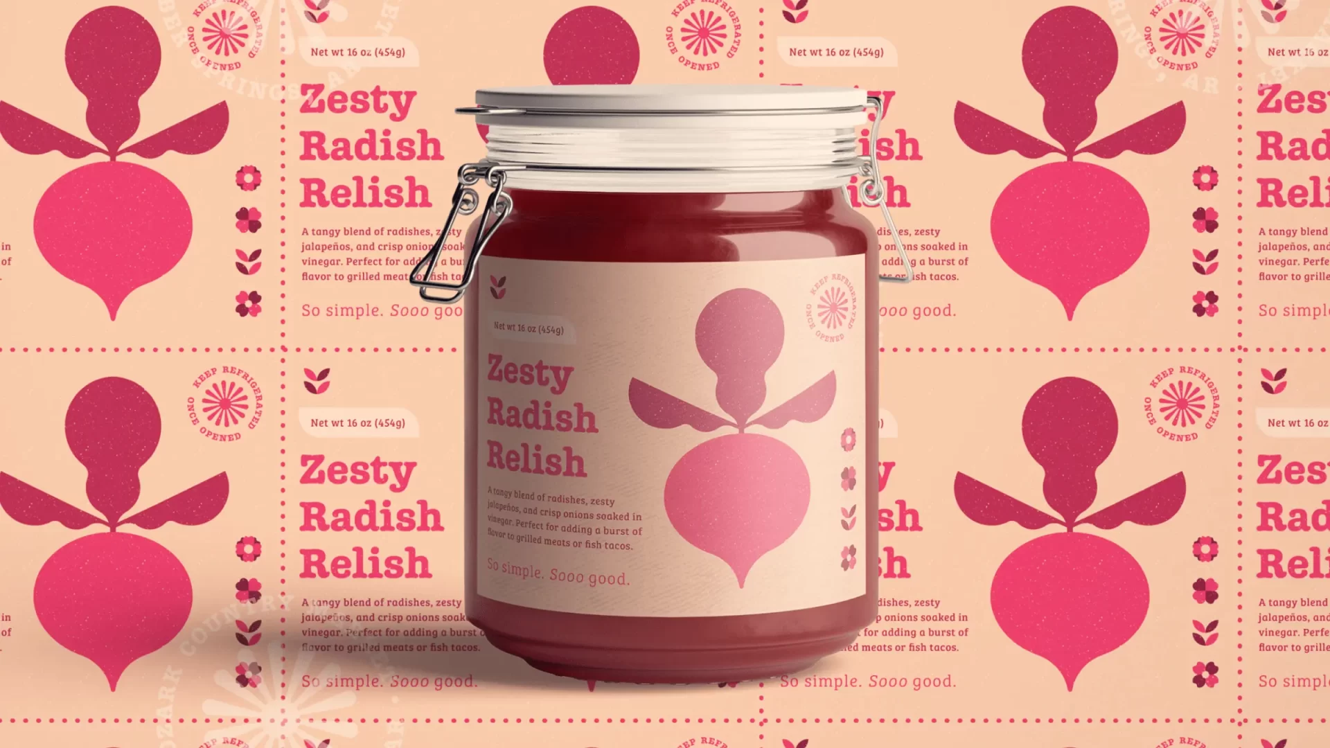 Jar of radish relish showcasing the label design which features a stylized, vector of a radish in pink tones for Ozark Country Market