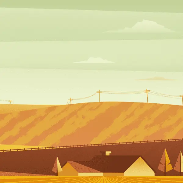 Thumbnail of an illustrated farmland landscape in warm yellow and green tones for Vote LaRue