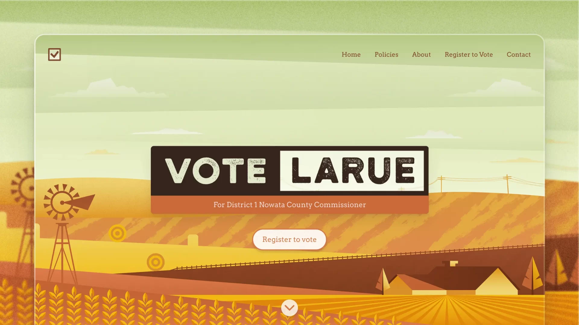 Website homepage hero UI for Vote Larue showing an illustrated, agrarian landscape overlayed with large typogaphy